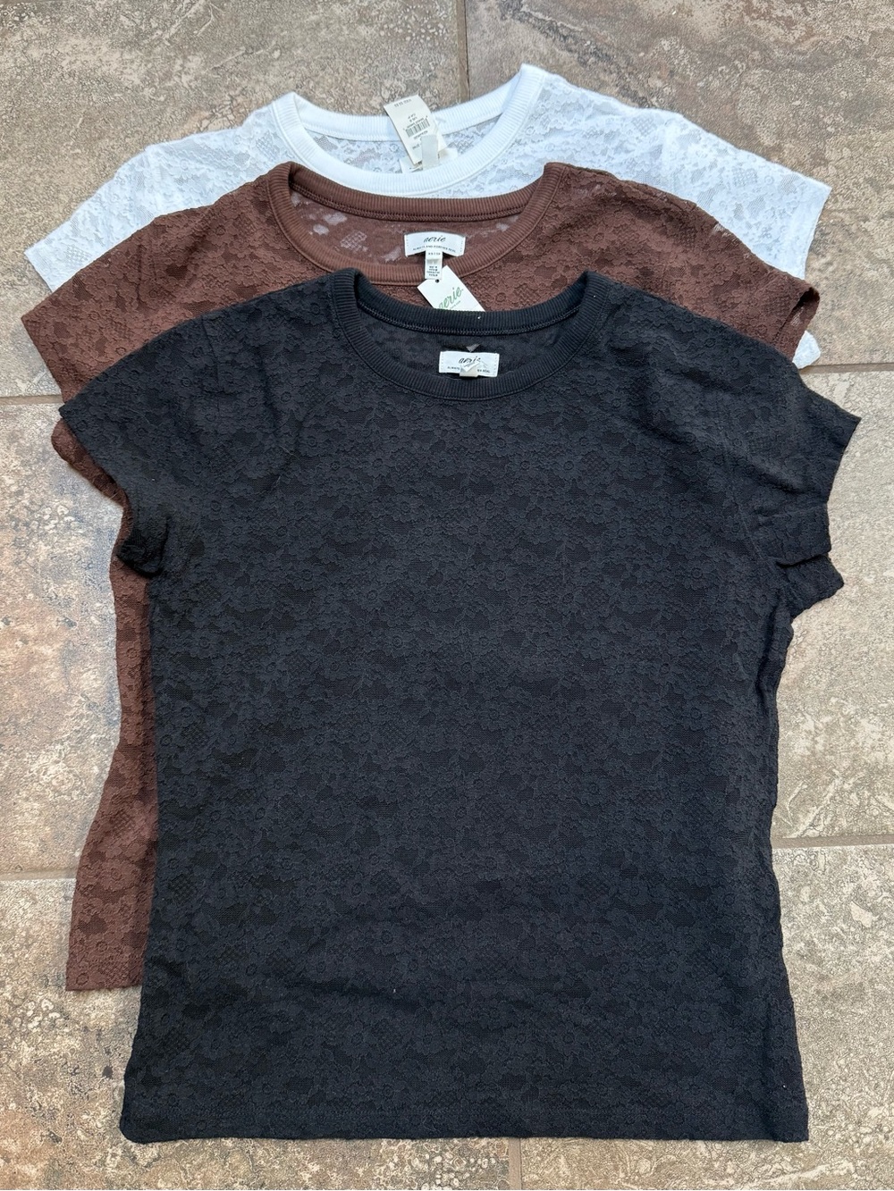 American Eagle Outfitters Lace Short Sleeve Tee Trio - Black, Brown & White